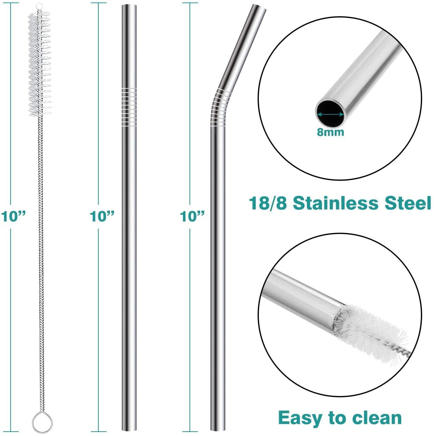 10pc Reusable Drinking Straw Stainless Steel Metal Straws Wide Straw Smoothies 