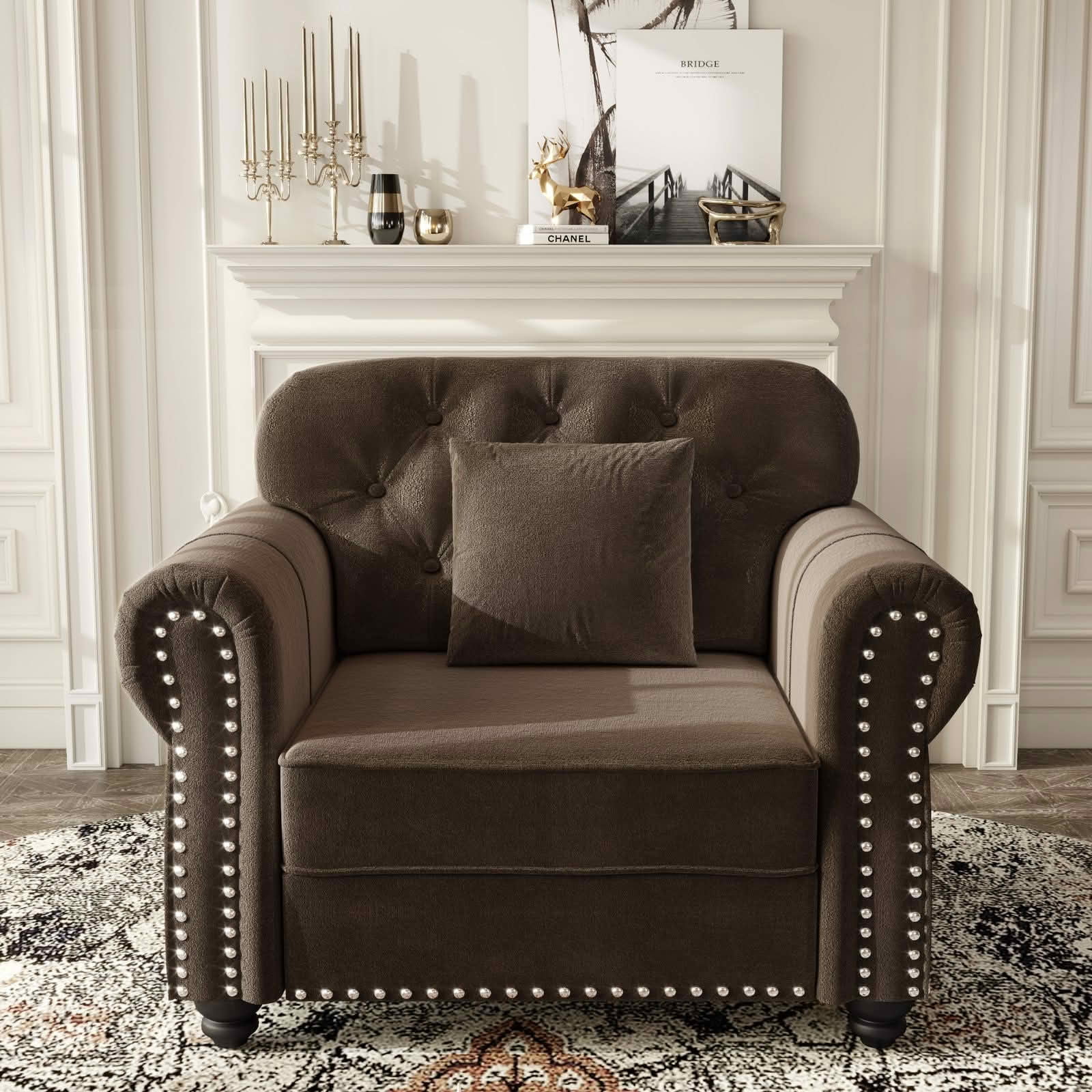 MAYEERTY Velvet Chesterfield Single Seat Sofa, Mid‑Century Modern Couch with Button Tufting, Nailhead Trim and Rolled Armrests, Includes 1 Pillow for Home Living Room