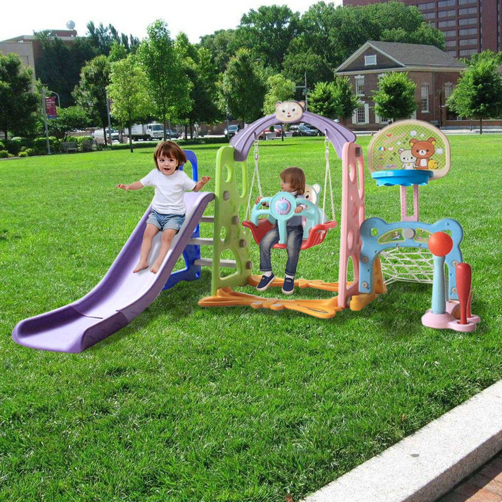 6 In 1 Kids Indoor And Outdoor Slide Swing And Basketball Football Baseball Sets 