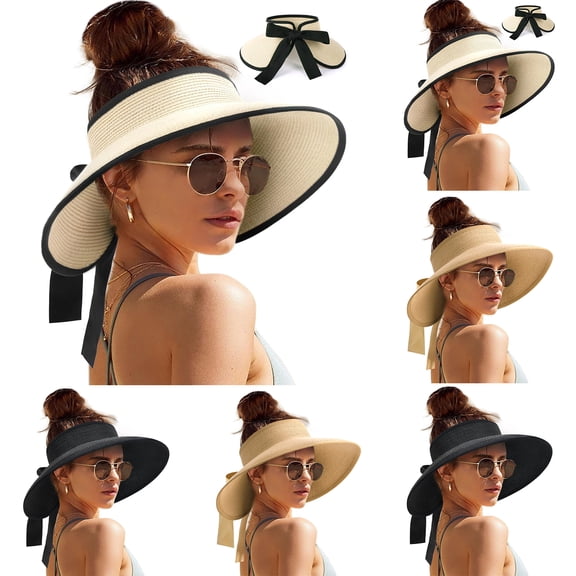Sun Visor Hat for Women Wide Brim Ponytail Straw Hat UV UPF Summer Beach Vacation Packable Foldable Travel Brown One Size