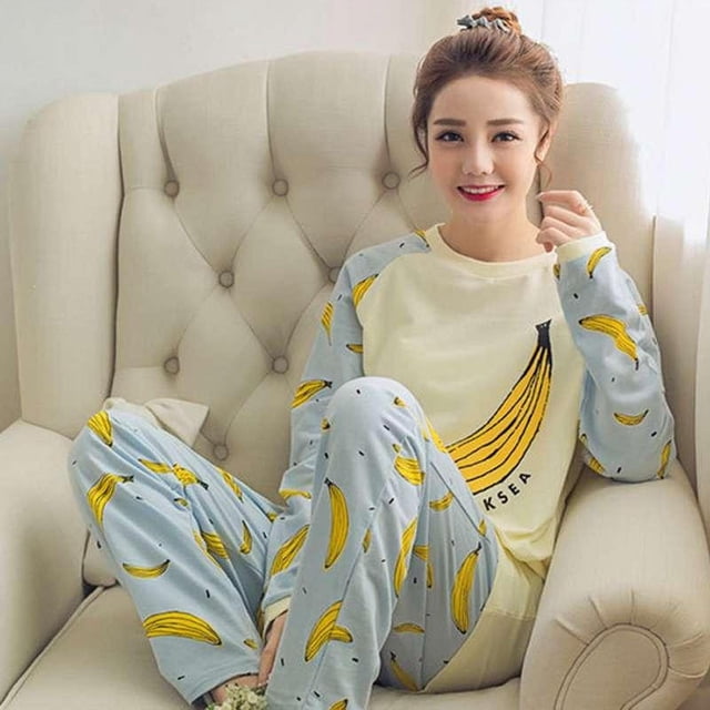OUSITAID Femmes Pyjamas à Manches Longues Ensemble à la Maison Impression Col Rond Tops et Pantalon Décontracté Mignon Pj Ensembles Sleepwear Bleu Banane M