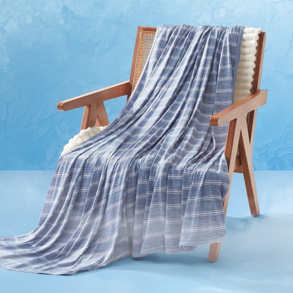 Sonive Cooling Striped Knit Blanket Twin Xl, Breathable, Soft & Fluffy Silky Throw, Blue