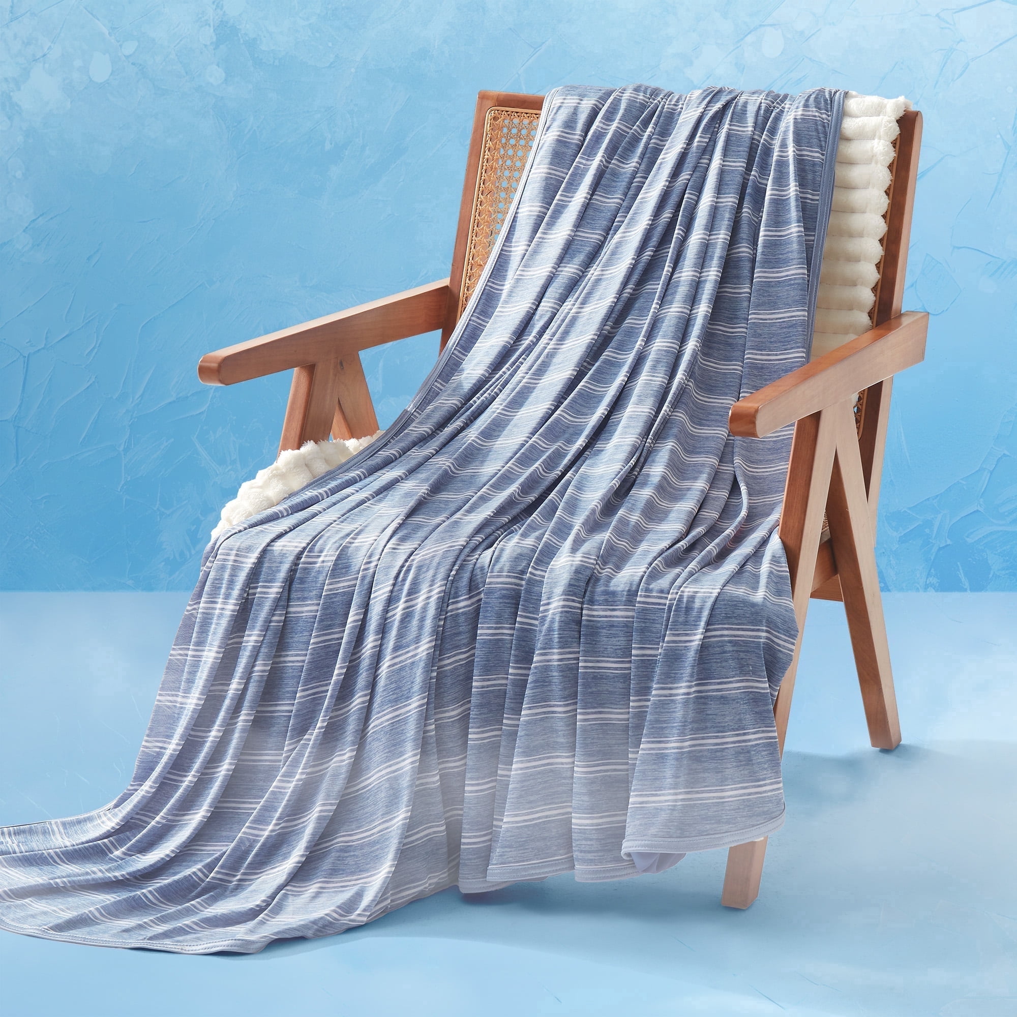 Sonive Cooling Striped Knit Blanket Twin Xl, Breathable, Soft & Fluffy Silky Throw, Blue