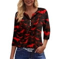 thumbnail image 6 of WTOBBY Women's Halloween Printed V-Neck Button Detail Tee with 3/4 Sleeve, Casual Weekend Fashion Top for Fall Season, Comfortable Daily Wear Apparel,Red L, 6 of 6