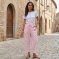thumbnail image 4 of Inglocry Womens Faux Linen Striped Barrel Pants Comfy Drawstring Capri Pant Summer Beach Vacation Lounge Trousers with Pockets Pink S, 4 of 7