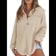 thumbnail image 2 of Tops de Punto Gofre para Mujer, Camisetas Henley de Larga con Cuello en V, Color Liso, Túnica Informal Albaricoque S, 2 of 8