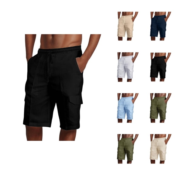Cargo Shorts for Men Cotton Linen Lightweight Elastic Waist Straight Leg Relaxed Fit Beach Shorts with Pockets