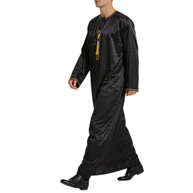 RXMEKW Long Sleeve Thobe for Men with Neck Zipper and Pocket, Arabic Style Casual Robe in Solid Color