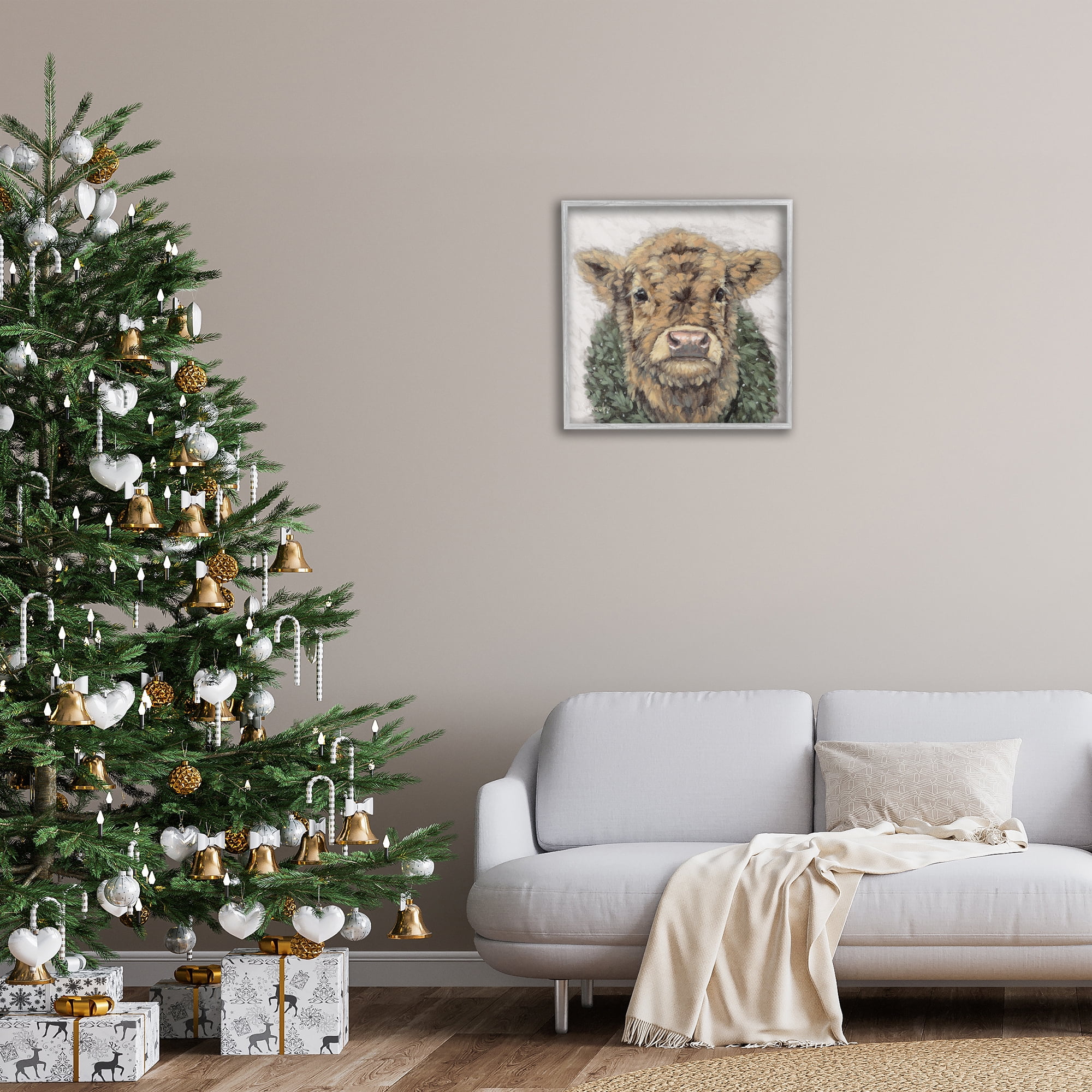 Stupell Industries Calf with Holiday Wreath Holiday Painting Gray Framed Art Prints Wall Art, 24 x 24