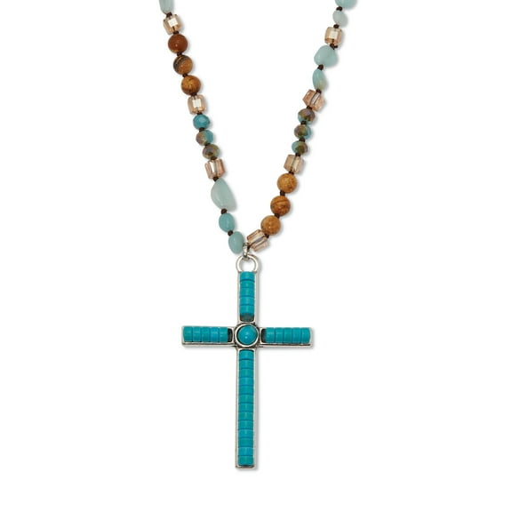 Round Genuine Turquoise Silvertone Beaded Cross Necklace 34-inch