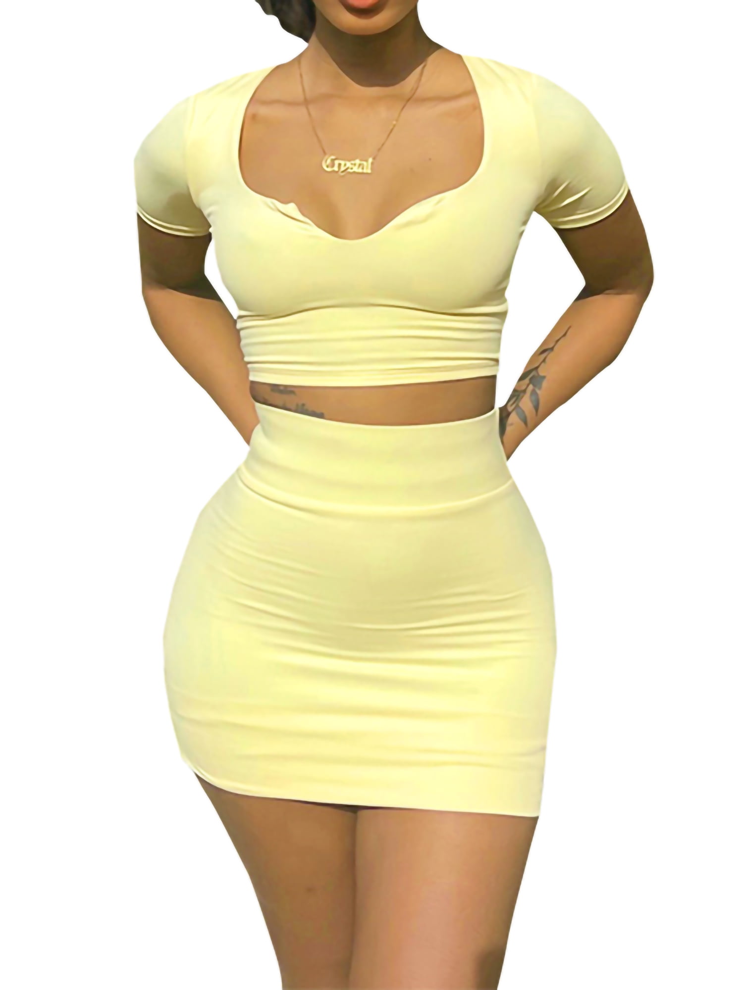Calsunbaby Women S 2pcs Outfits V Neck Short Sleeve T Shirt Crop Top Bodycon Mini Skirt Set Summer Party Streetwear Yellow M Walmart Com