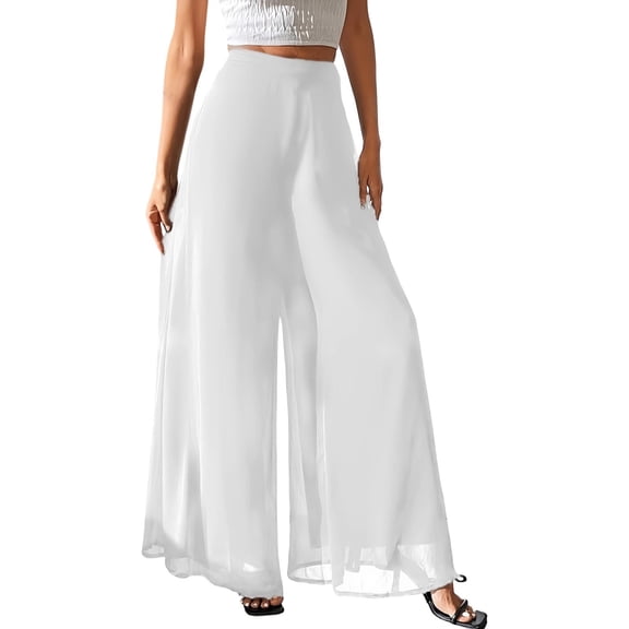 ClodeEU Women's High Waisted Wide Leg Chiffon Pants,Casual Flowy Loose Fit Trouser White,Womens Plus XL