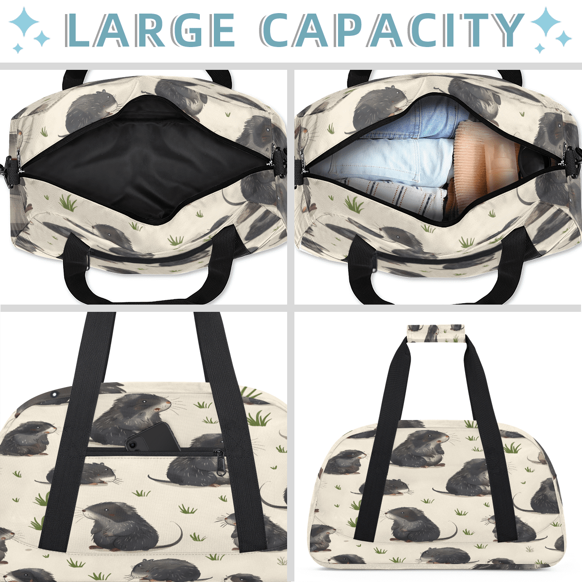 Herdesigns Black Mouses Sports Duffle Bag for Women & Men, Funny Gym Bag Dance Bag Overnight Bag Carry On Weekender Travel Bag