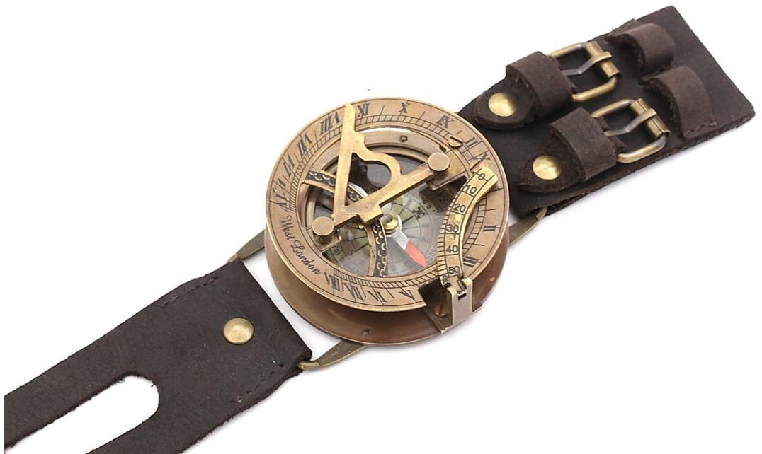 Rii Brand Brass Sundial Wrist Band with Leather Strap Working Compass 2.5"