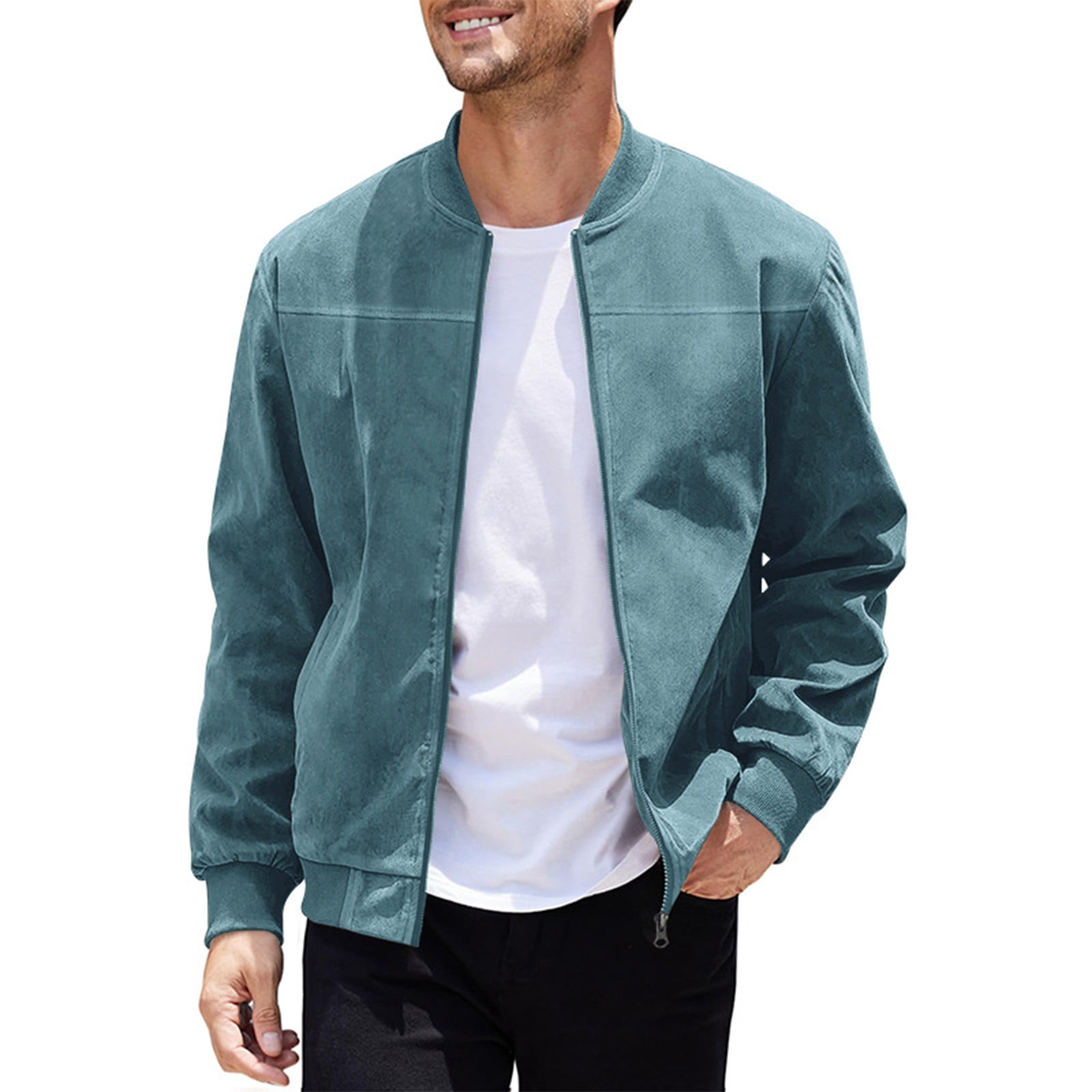 Huresd Mens Genuine Suede Bomber Jacket Leather Casual Varsity Vintage Smart Casual Light Blue M