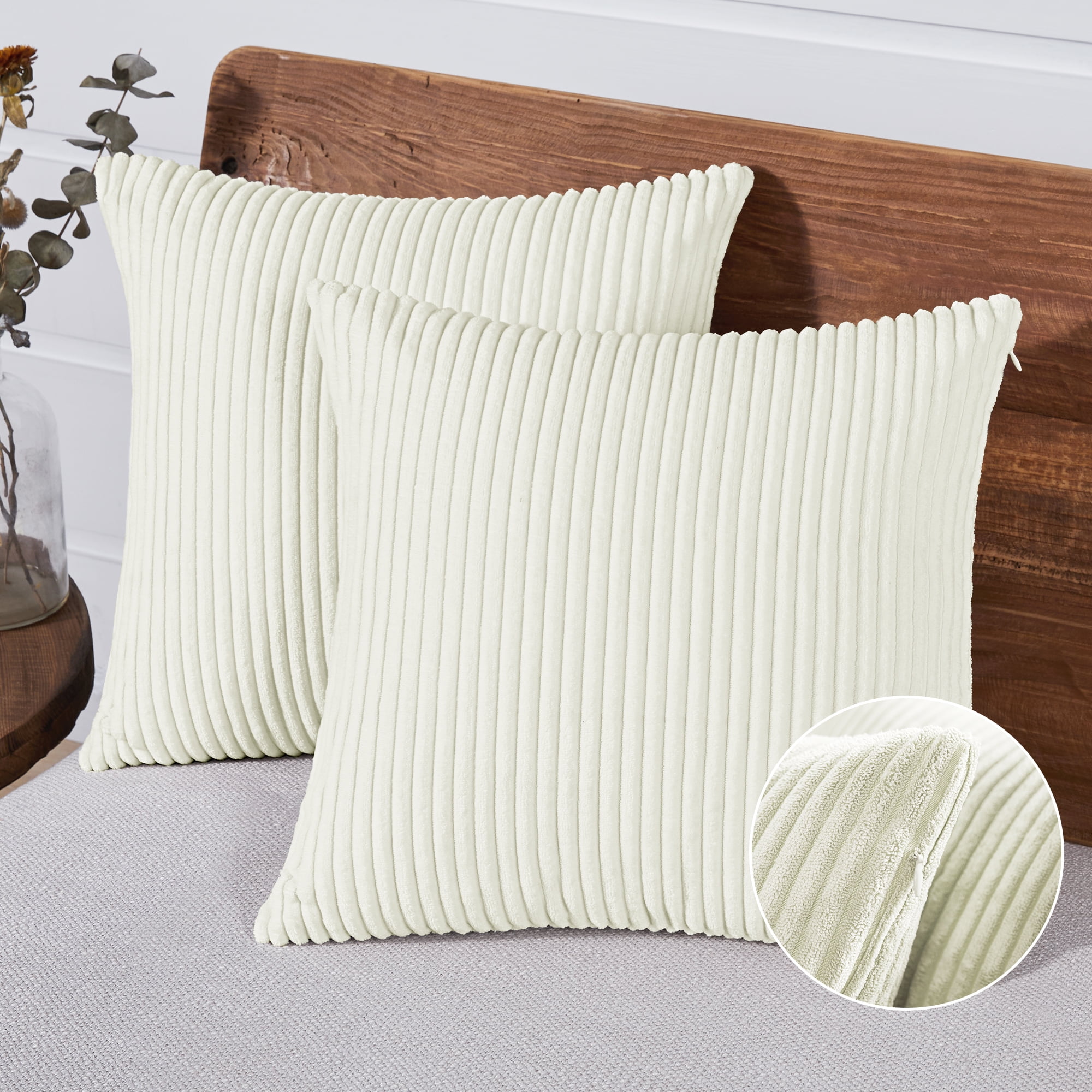 18 x 18 Inch Light Beige Deconovo Decorative Throw Pillow Covers Plush Corduroy Velvet Striped Couch Zippered Pillowcases for Chair Bed Home 