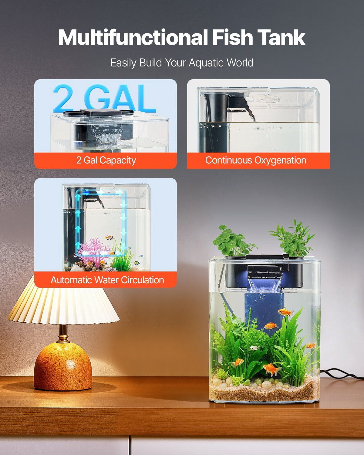 2 Gallon Fish Tank Aquarium Smart Arch Design with Clear GPPS Material, 3 Color LED Lighting, Self-Cleaning Function, Oxygenation and Water Circulation, Durable 3mm Thick Tank