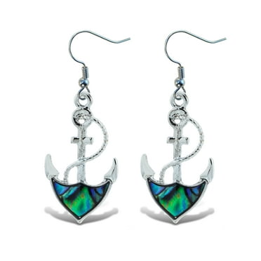 Aqua 79 Abalone Paua Shell Earring, Dangle Hook Ocean Silver Jewelry - Anchor