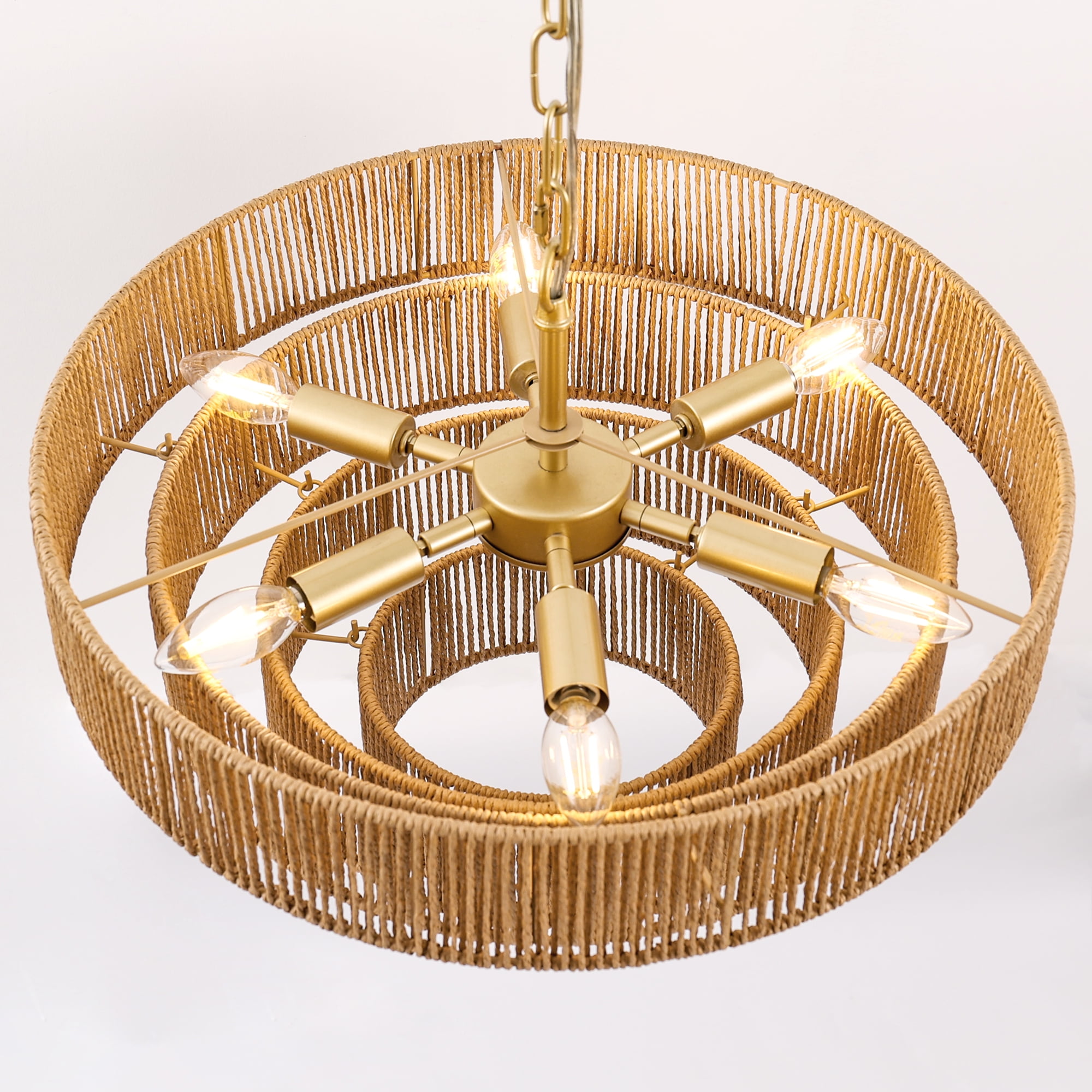 YANSUN 19.7 in 6-Light Boho Rattan Lighting Chandelier, Hand-Woven 4-Tier Natural Pendant for Living Room Dining Room Kitchen Bedroom