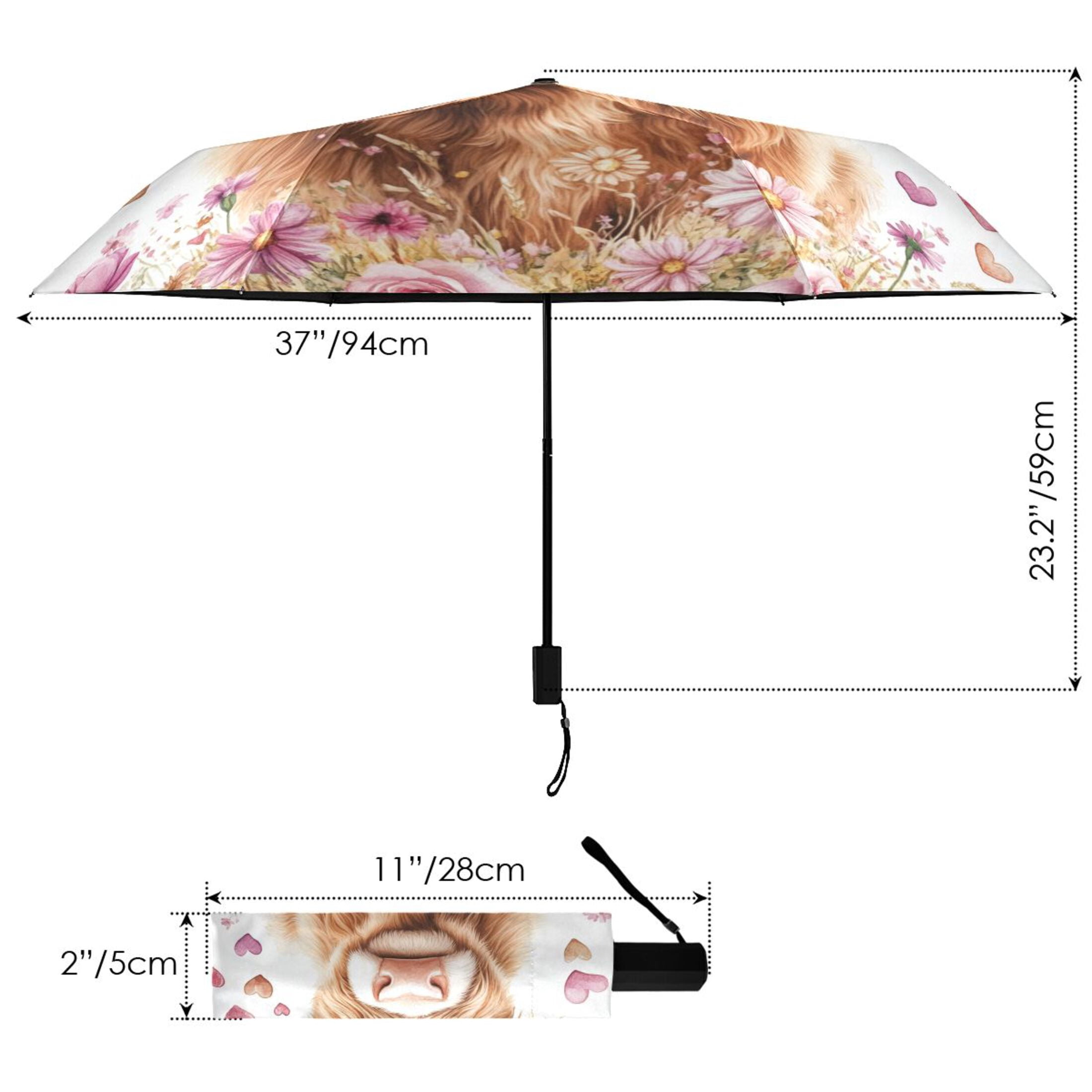 Highland Cow Roses Hearts Valentine All Weather Umbrella Triple Folding Parasol 6 Ribs UV Protection Portable