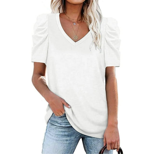 Blusa de manga corta abombada NikouMX con Cuello en V y manga abombada para mujer