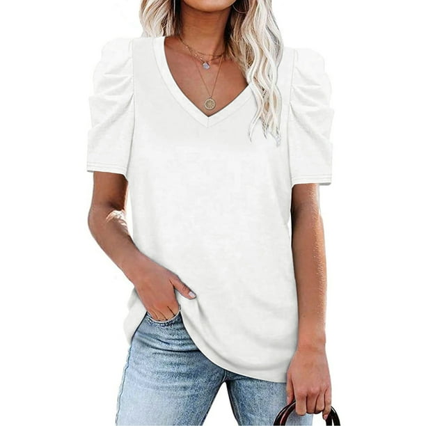Blusa de manga corta abombada,Camisa de manga corta en V para mujer Camisa de manga abullonada multifuncional