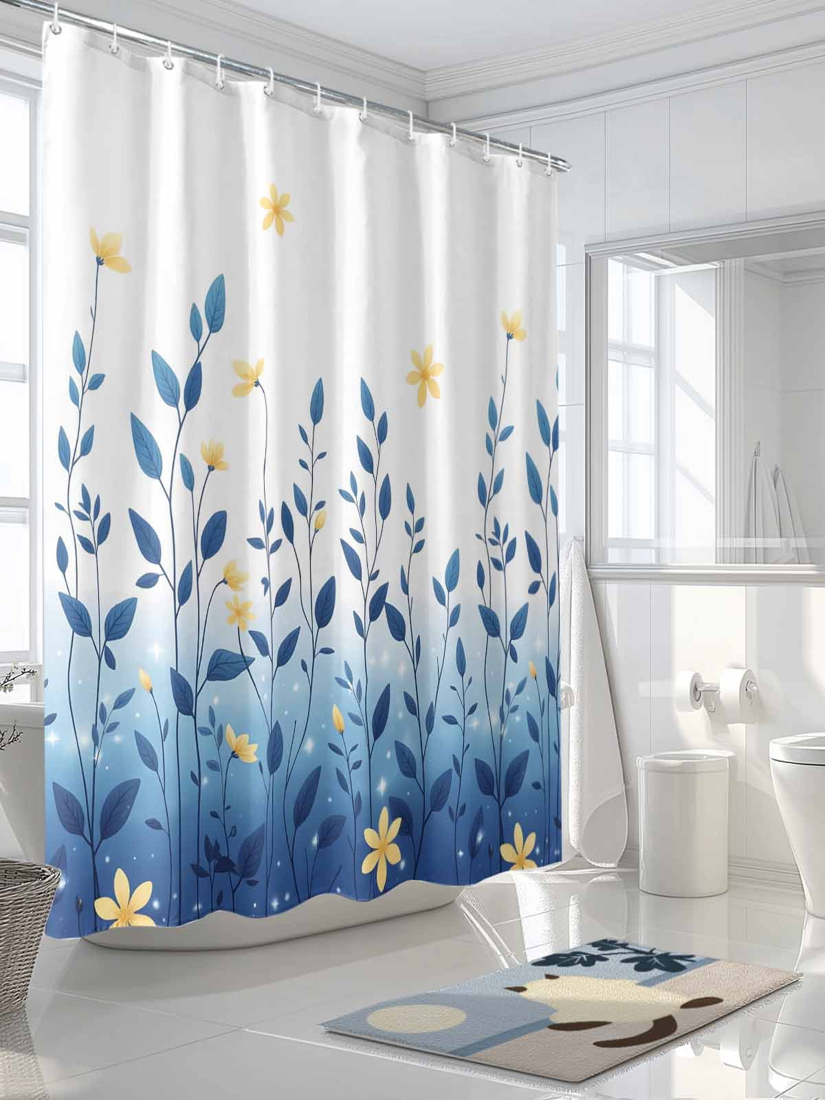 nqOlkjepod Blue Ombre Eucalyptus Shower Curtain, Waterproof Shower Curtains for Bathroom, Elegant Yellow Floral Botanical Washable Fabric Bathtub Curtain Set Bath Decor with 12 Hooks 72"x78"