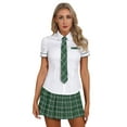 thumbnail image 1 of Uniformes de Cosplay pour Femmes Chemises à Manches Courtes Col à Revers Blouses avec Jupe Plissée et Cravate Vert G, 1 of 6
