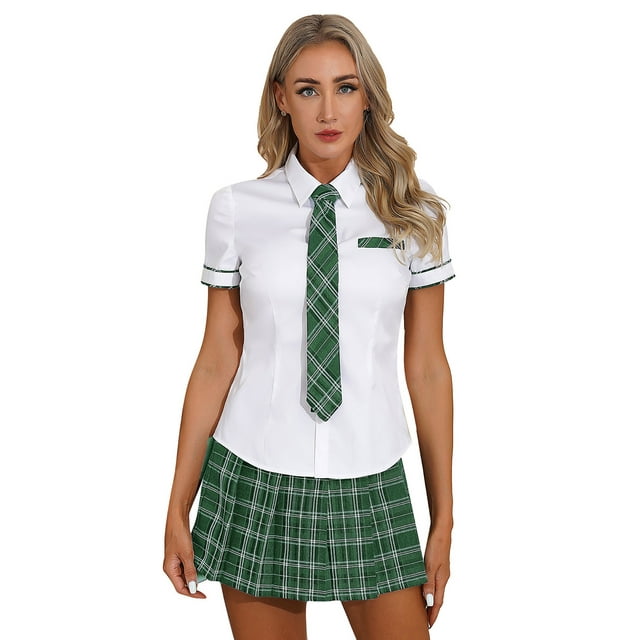 Uniformes de Cosplay pour Femmes Chemises à Manches Courtes Col à Revers Blouses avec Jupe Plissée et Cravate Vert G
