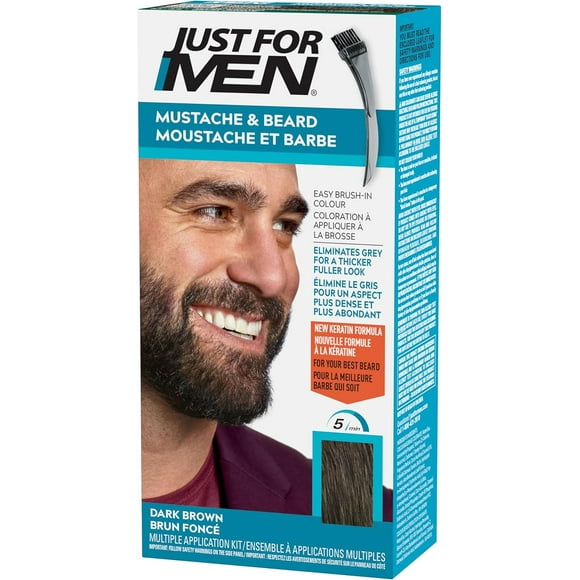 Just For Men Mustache & Beard, Beard Dye for Men with Brush Included for Easy Application, With Biotin Aloe and Coconut Oil for Healthy Facial Hair, Dark Brown, M-45 (1 Count), Packaging May Vary