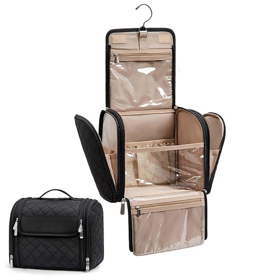 DUAIU Hanging Hook Makeup Bag for Women, Large Capacity Portable Cosmetic Case, Door Hanging Toiletry Organizer for Full-Sized Cosmetics, Travel Essentials (Black)