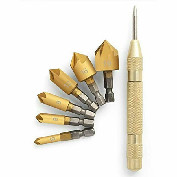 Countersink Drill Bits Center Punch Set 7 Pcs 1/4 Hex Shank HSS 5