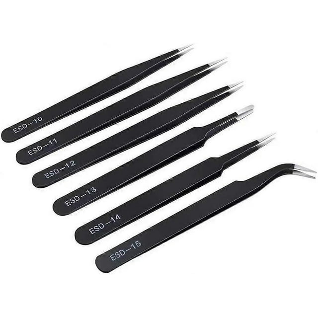 Juego de 6 pinzas de precisión de acero inoxidable antiestático, curvas y mejoradas, para electrónica, laboratorio, joyería y manualidades.