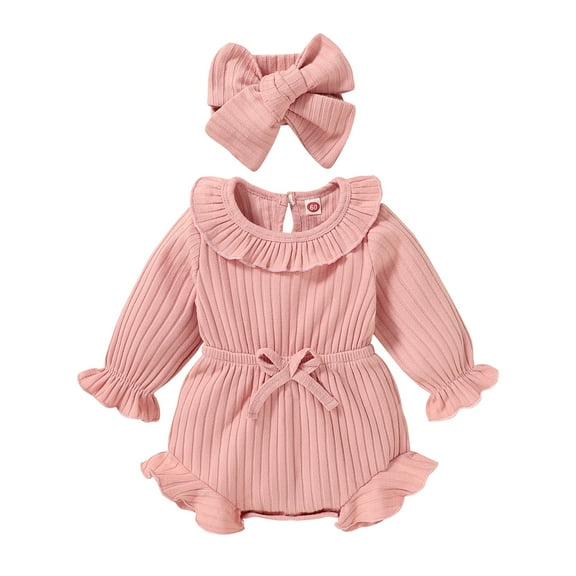 Infant Baby Girl Fall Winter Sweater Romper   Headband Long Sleeve Warm Jumpsuit Ruffled Bodysuit 1-18M