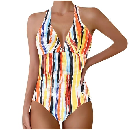 Burnt Orange Womens Tankini Deep V Neck Backless Halter Strap Swimsuits Bikini Tankini for Women Sleeveless Slip Beach Modest Sexy Cleavage Hawaiian High Cut Tankini 2025 M