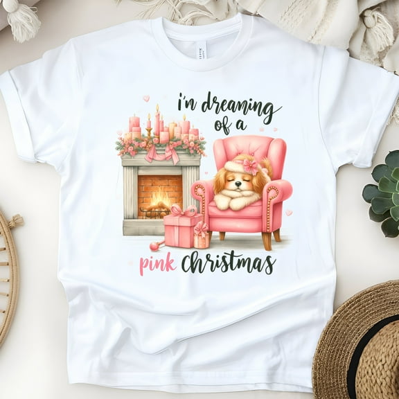 I’m Dreaming of a Pink Christmas T-Shirt | Cute Dog Holiday Graphic Tee, White, Size S