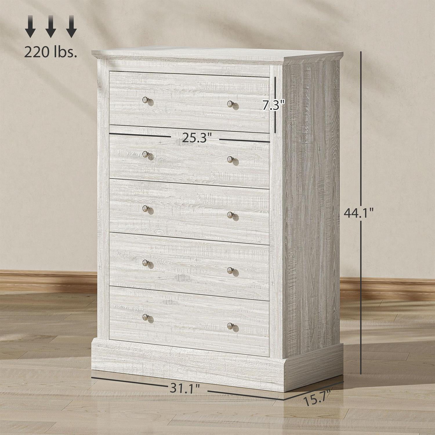 Demi Bonn Wooden 5 Drawer Chest, Farmhouse Style Dresser with Solid Wood Top for Living Room, Storage Bedside Table, Beige