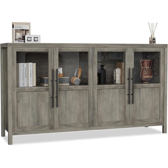 Garvee 55" Sideboard Buffet Cabinet with 4 Glass Doors, Display Coffee Bar & Wine Storage, Modern Farmhouse Credenza for Dining Room, Kitchen, Living Room, Grey