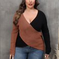 thumbnail image 2 of Lovskoo 2024 Wrap Sweaters for Women Trendy Color Contrast Splice Long Sleeve V-Neck Pullover Sweater Tops Brown, 2 of 5