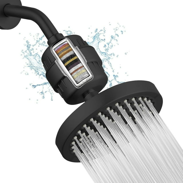 Regaderas para Baño de Lluvia de Alta Presión de 6" con filtro de ducha de 15 etapas, Ducha Tipo Lluvia para Agua Dura, Elimina Impurezas (Negro)