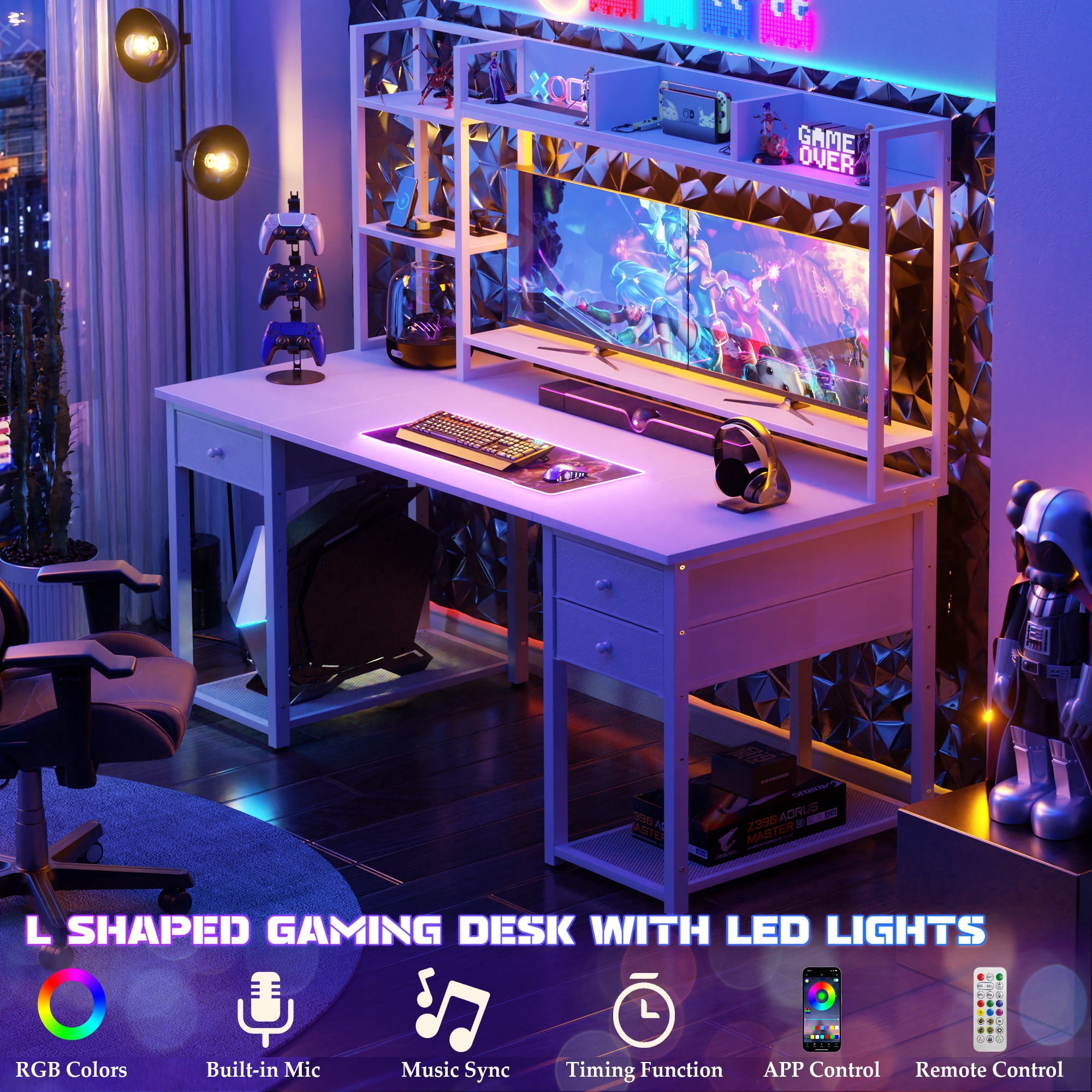 Homieasy Desk with Hutch & Power Outlets, 55.2'' Computer Gaming Desk with LED Lights and Drawers, Reversible Office Desk with Storage Shelves, Workstation Desk for Home & Office, White