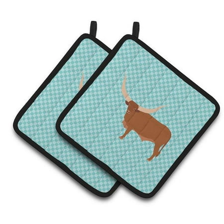 

Ankole-Watusu Cow Blue Check Pair of Pot Holders - Blue