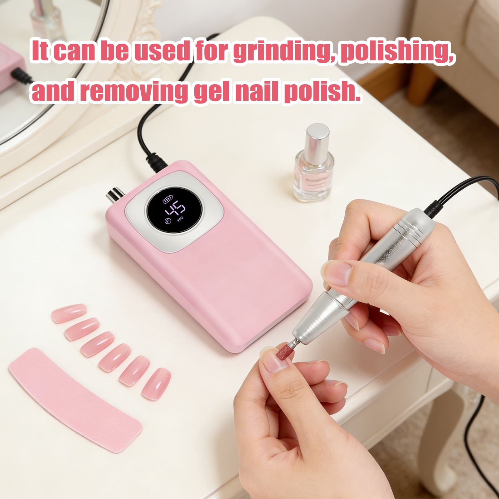 Btidfty Electric Nail Drill 45000RPM Rechargeable Cordless E-file with Bits Kit Portable Nail File for Acrylic Gel Polishing Removing (Pink)