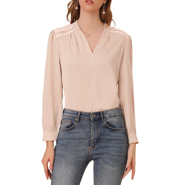 INSPIRAR CHIC Blusas de Manga Larga para Mujeres con Escote en V y Encaje, Moda Casual para Oficina, Color Rosa