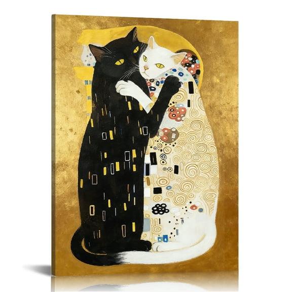 Hidden Frame Canvas Wall Art - Klimt-Style Black & White Cats Decor Art Retro Popular Wall Decor for Living Room 16x24in