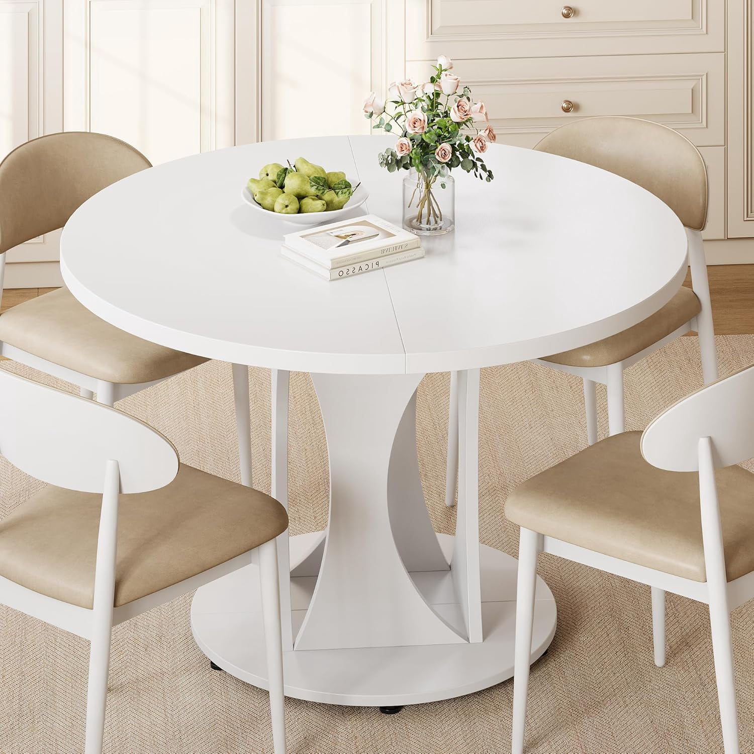 Virans 43.3"-59" Extendable Round Dining Table for 6-8,Kitchen Table with MDF,Modern Dinner Table for Dining Rooms,Living Rooms,White