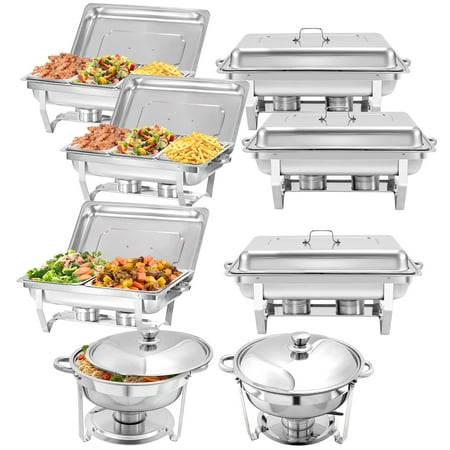

PRIJESSE 8 Pack Chafing Dish Rectangular 8QT 1/3 pan×4+Half pan×2+Round 5QT×2 Chafers Stainless Steel Catering Buffet Warmer Set for Parties Events Wedding Dinner