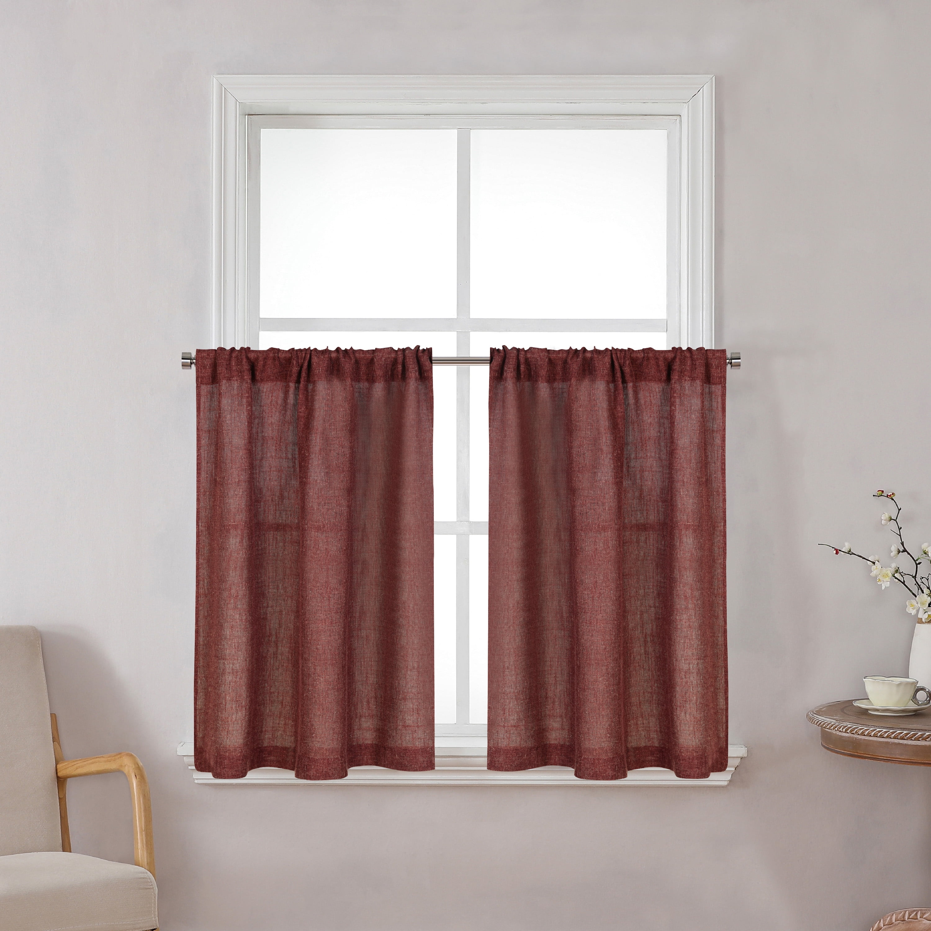 Better Homes & Gardens Linen Blend Light Filtering Rod Pocket Kitchen Curtain Tiers and Valance, Set of 3, Deep Redwood, 60 W x 36 L