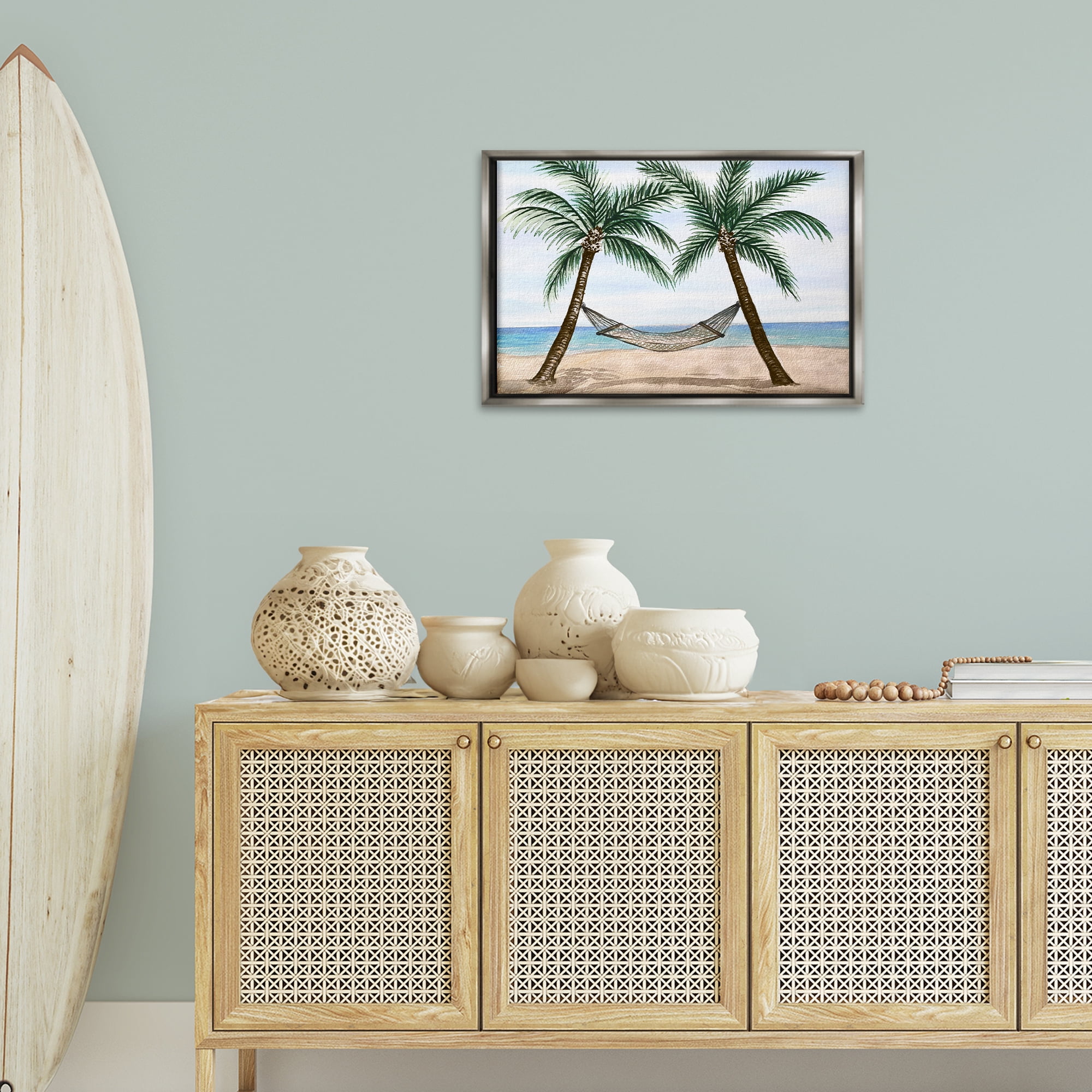 Stupell Industries Hammock Between Palms Landscape Painting Gray Floater Framed Canvas Art Print Wall Art, 25 x 17