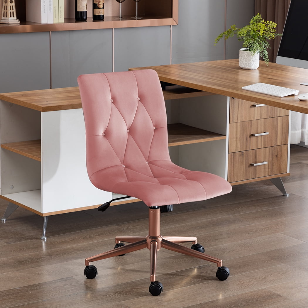 Duhome Office Desk Chair Velvet Tufted Computer Task Chair Rolling Chair Vanity Chair with Wheels for Bedroom Teen Girls, Pink and Gold